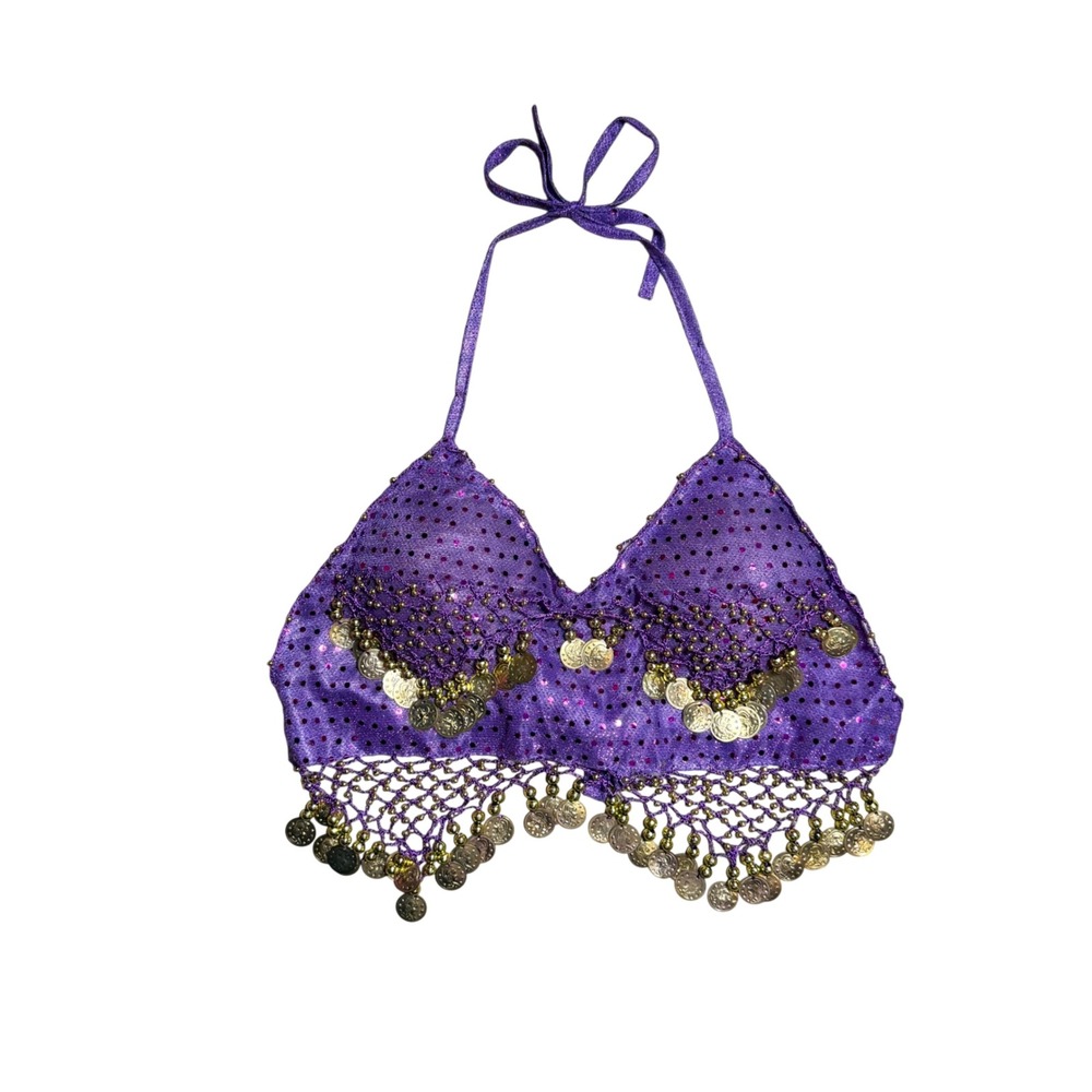 Purple Belly Dance Coin Bra Top Gold Sequin Halter Festival top